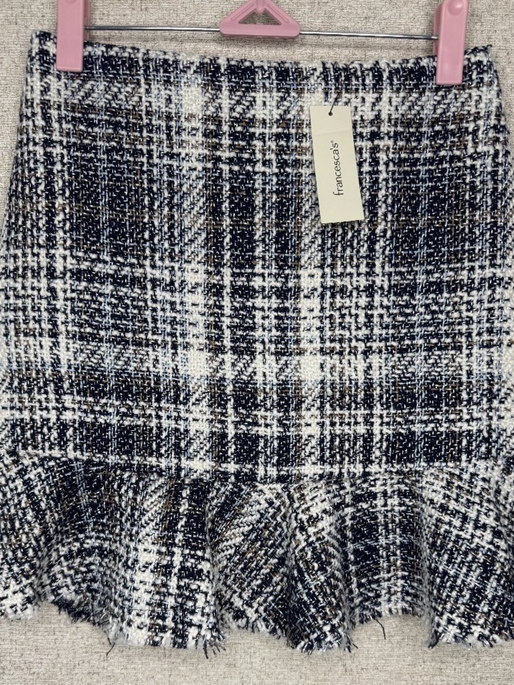 NWT Francesca’s Tweed Plaid Mini Skirt Navy White Ruffle Hem Small